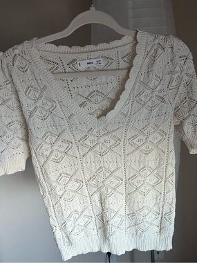 Mango Cream Open-Knit Diamond Pattern Sweater
